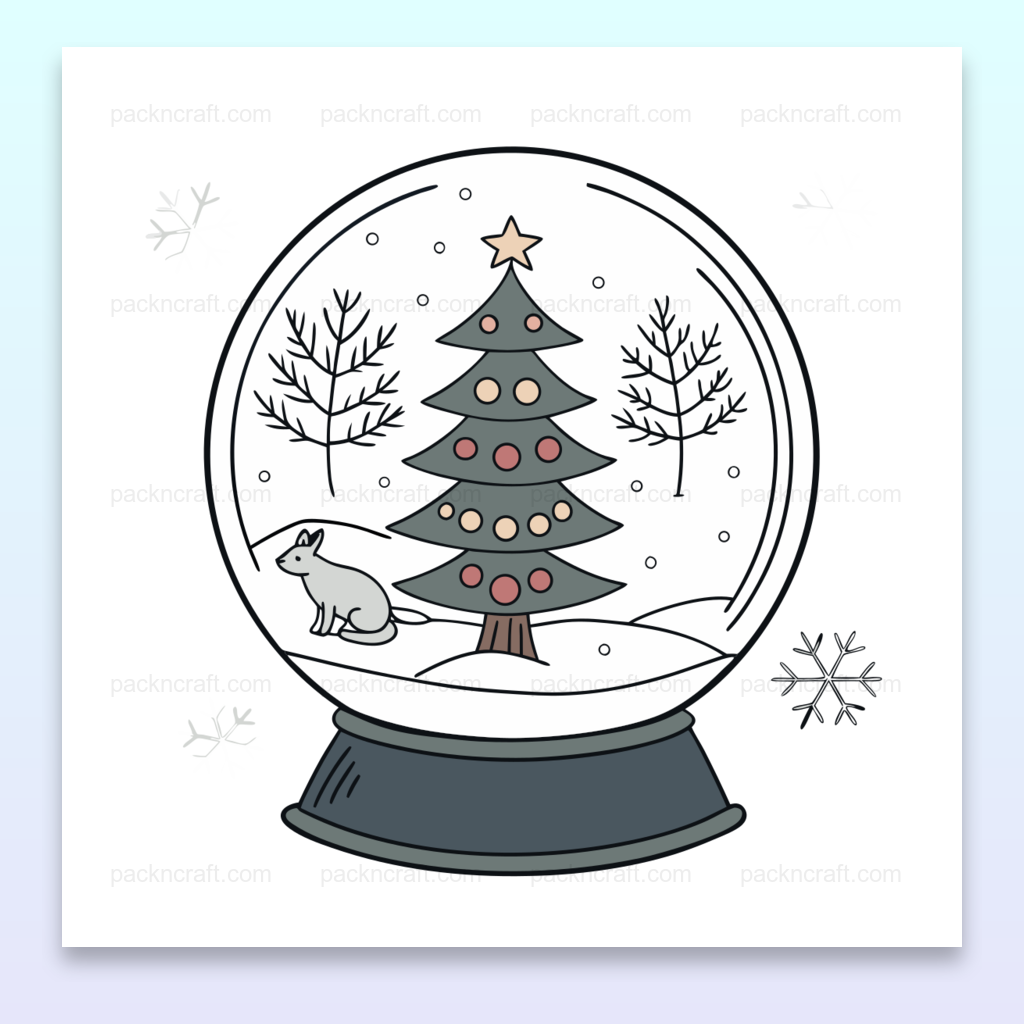 Illustration de renard curieux dans une boule de neige pour Noël, utilisable en papeterie et décorations.