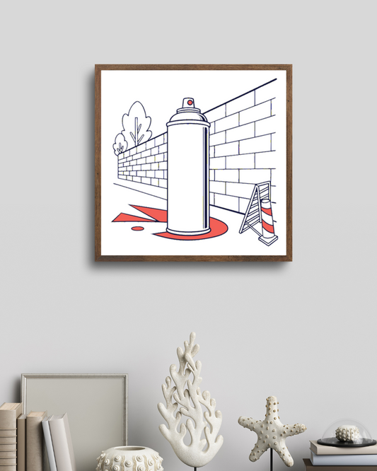 Art urbain sur cadre avec bombe graffiti, décoration intérieure tendance, Mug customisé avec design graffiti, idéal pour café urbain, T-shirt avec illustration graffiti, style streetwear unique, Image digitale graffiti pour affichage dynamique, ambiance urbaine, Sticker graffiti pour personnalisation créative, décor de rue