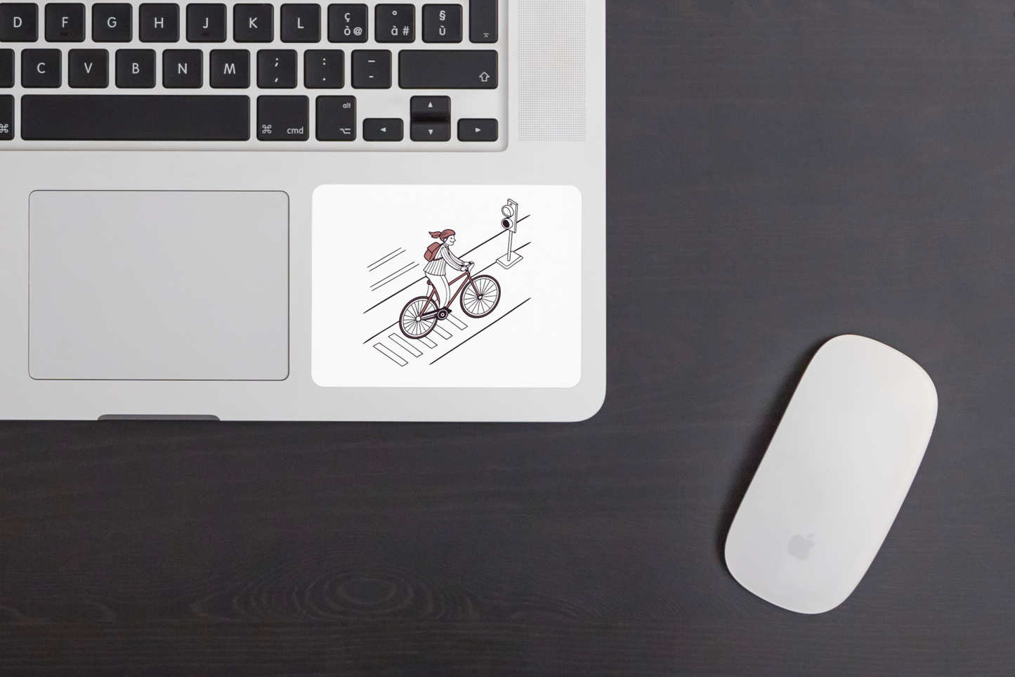 Sticker urbain affichant un cycliste minimaliste sur thème transport, design épuré