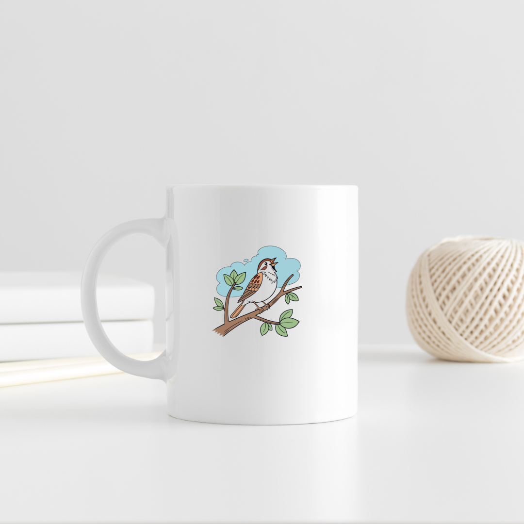 Mug avec design élégant d'un moineau posant sur une branche en style vectoriel