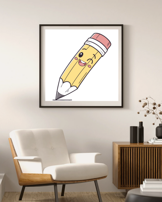 Cadre avec crayon souriant coloré, parfait pour une ambiance ludique et créative