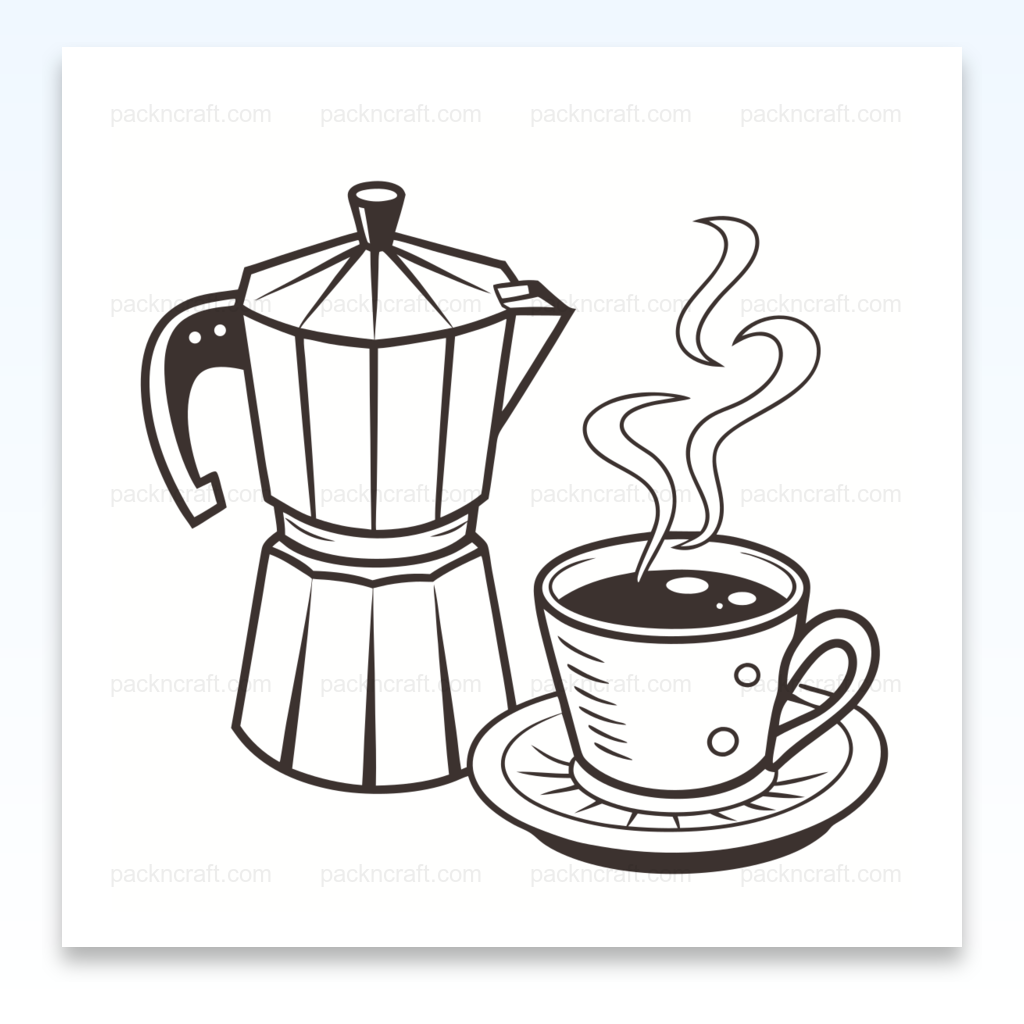 Illustration monochrome de cafetière italienne et tasse pour déco rétro et projets DIY.