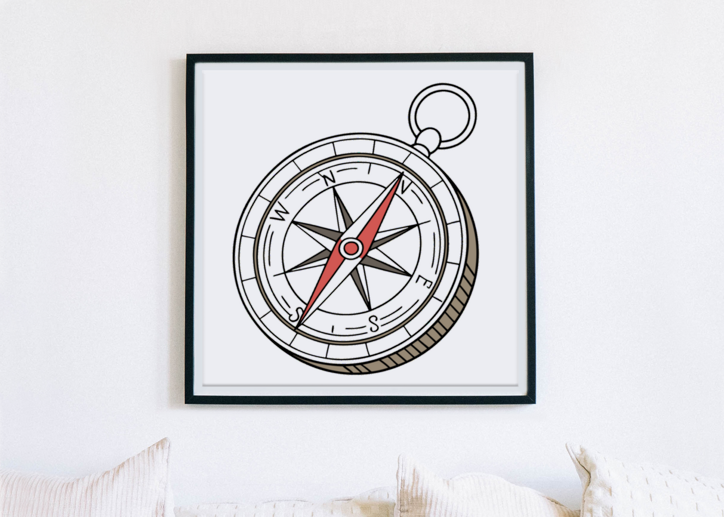 Cadre décoratif avec dessin vectoriel de boussole évoquant l’aventure et le voyage