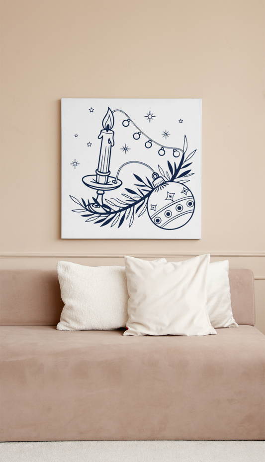 Cadre avec décor vintage représentant une bougie enchantée et une boule festive élégante