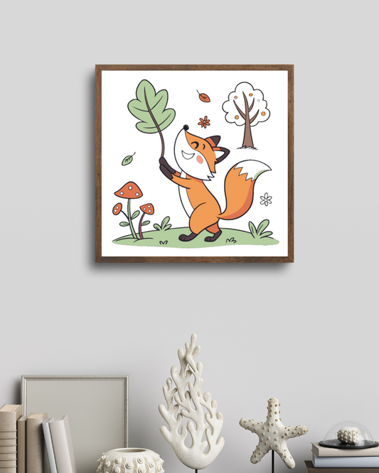 Cadre avec un renard sautillant dans une forêt, style vectoriel et dynamique