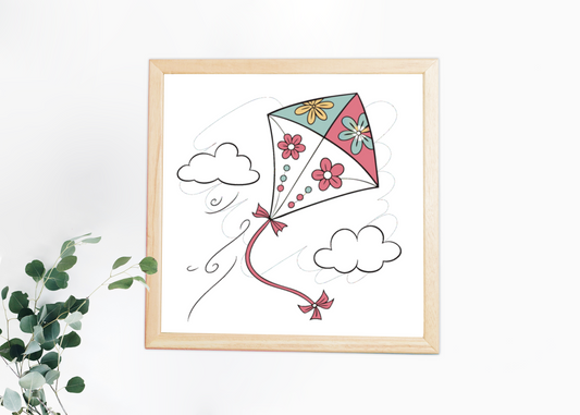 Cadre décoratif avec un cerf-volant fleuri en vol dans un style printanier vibrant