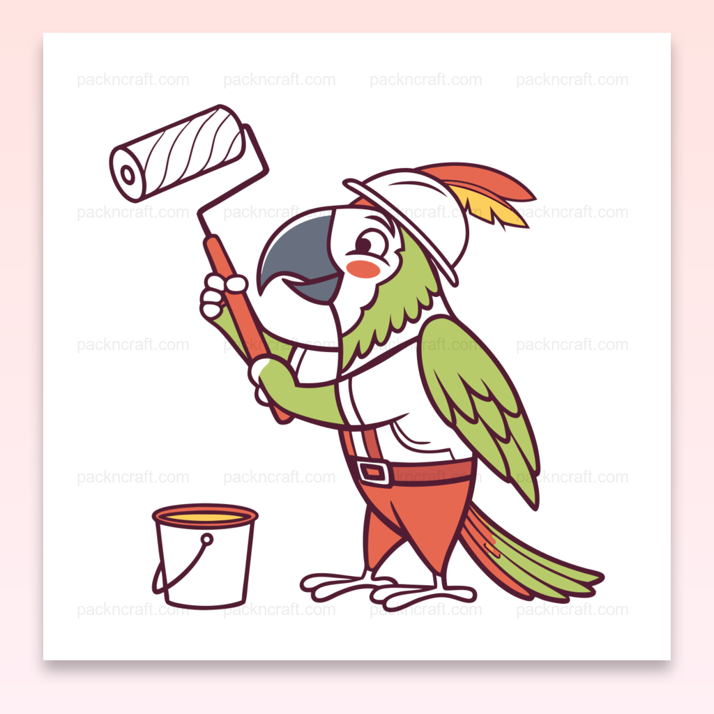 Illustration d'un perroquet peintre en style cartoon pour projets DIY.