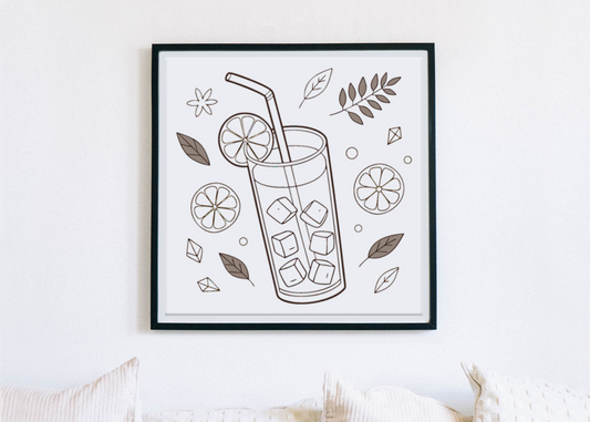 Cadre avec motif citron minimaliste évoquant l'été et une boisson rafraîchissante