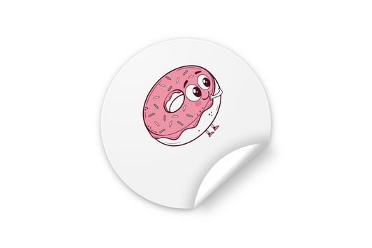 Sticker affichant un donut souriant avec des couleurs douces style gourmand et joyeux