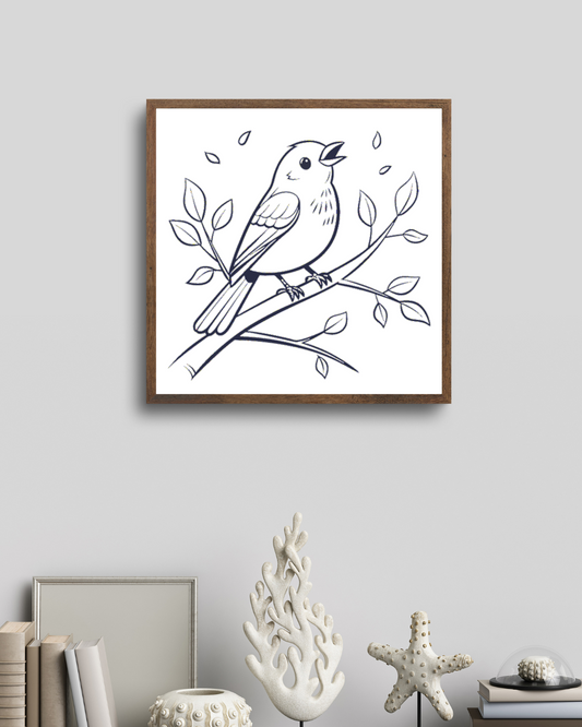Cadre décoratif montrant un oiseau chantant posé sur une branche style nature minimaliste