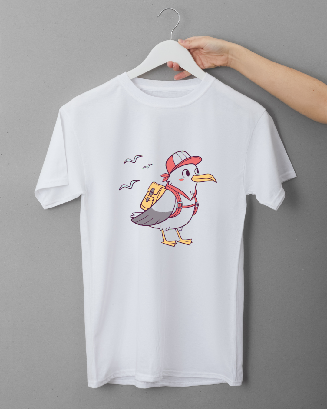T-shirt illustré avec une mouette au style flat et une ambiance voyage