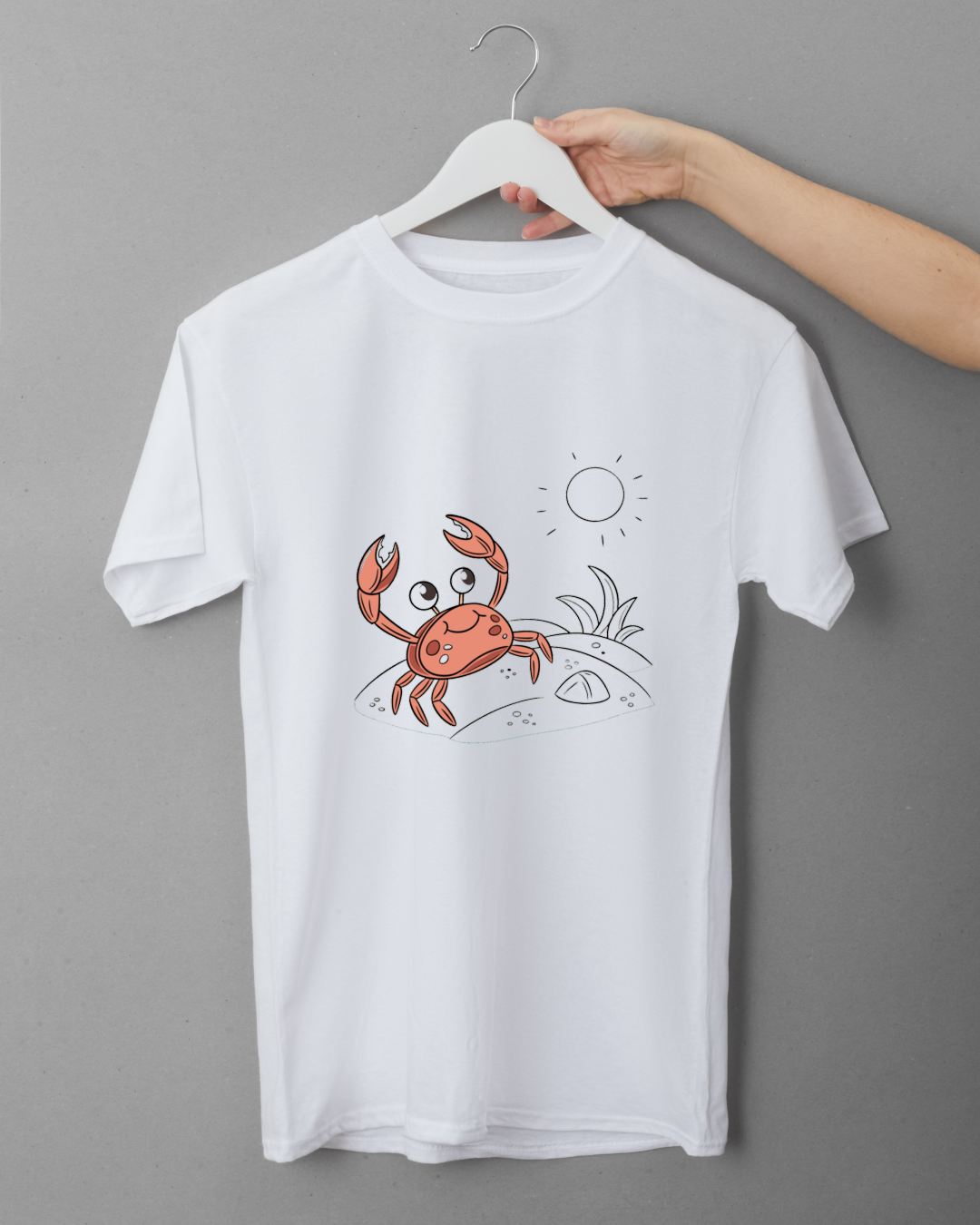 T-shirt plage avec crabe joyeux style cartoon mignon et coloré