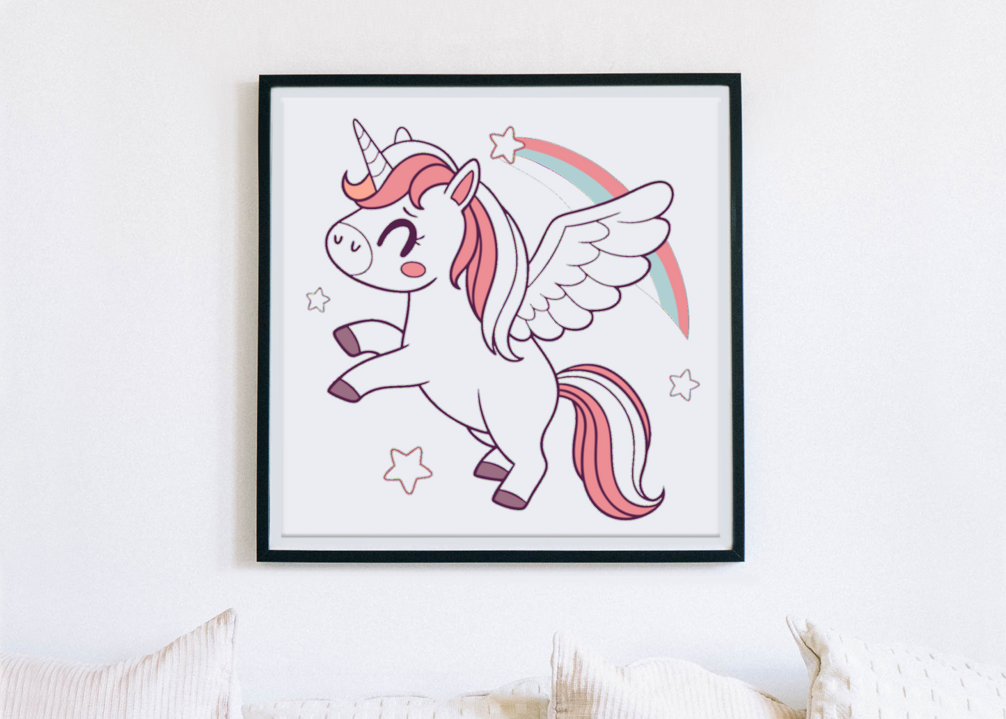 Cadre avec licorne pastel ailée joyeuse, magie étoilée, style cartoon enchanteur