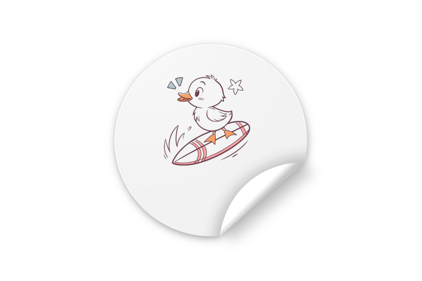 Sticker avec un caneton joyeux surfeur, ambiance douce et estivale, ton pastel