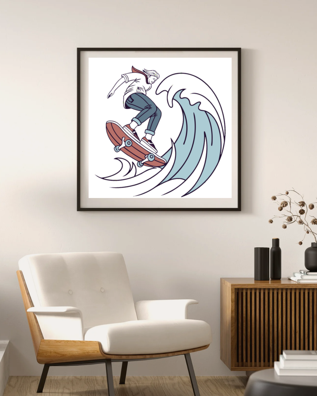 Cadre moderne avec un skateur surfeur dynamique stylisé émanant des vibes aquatiques