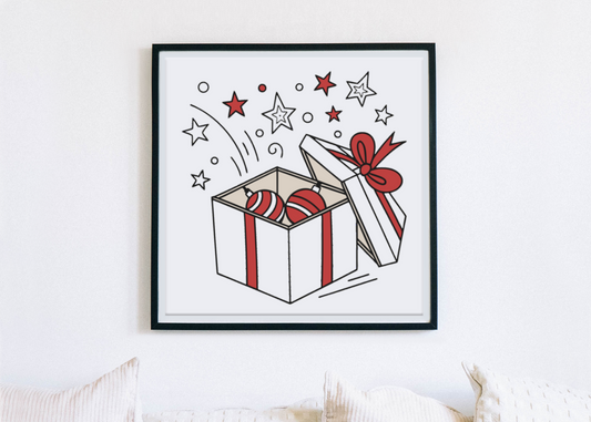 Cadre décoratif minimaliste avec icône festive de Noël montrant un cadeau et des étoiles