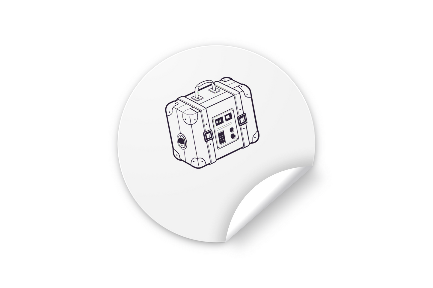 Sticker audacieux avec valise rétro futuriste dans un décor vibrant et numérique