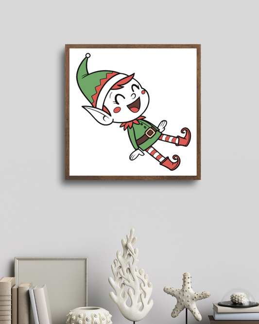 Cadre avec lutin rieur vert sur fond Noël joyeux, parfait pour une déco festive