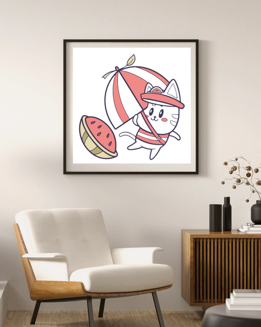 Cadre avec icône pastel chat marin sous parasol pour une déco estivale et moderne