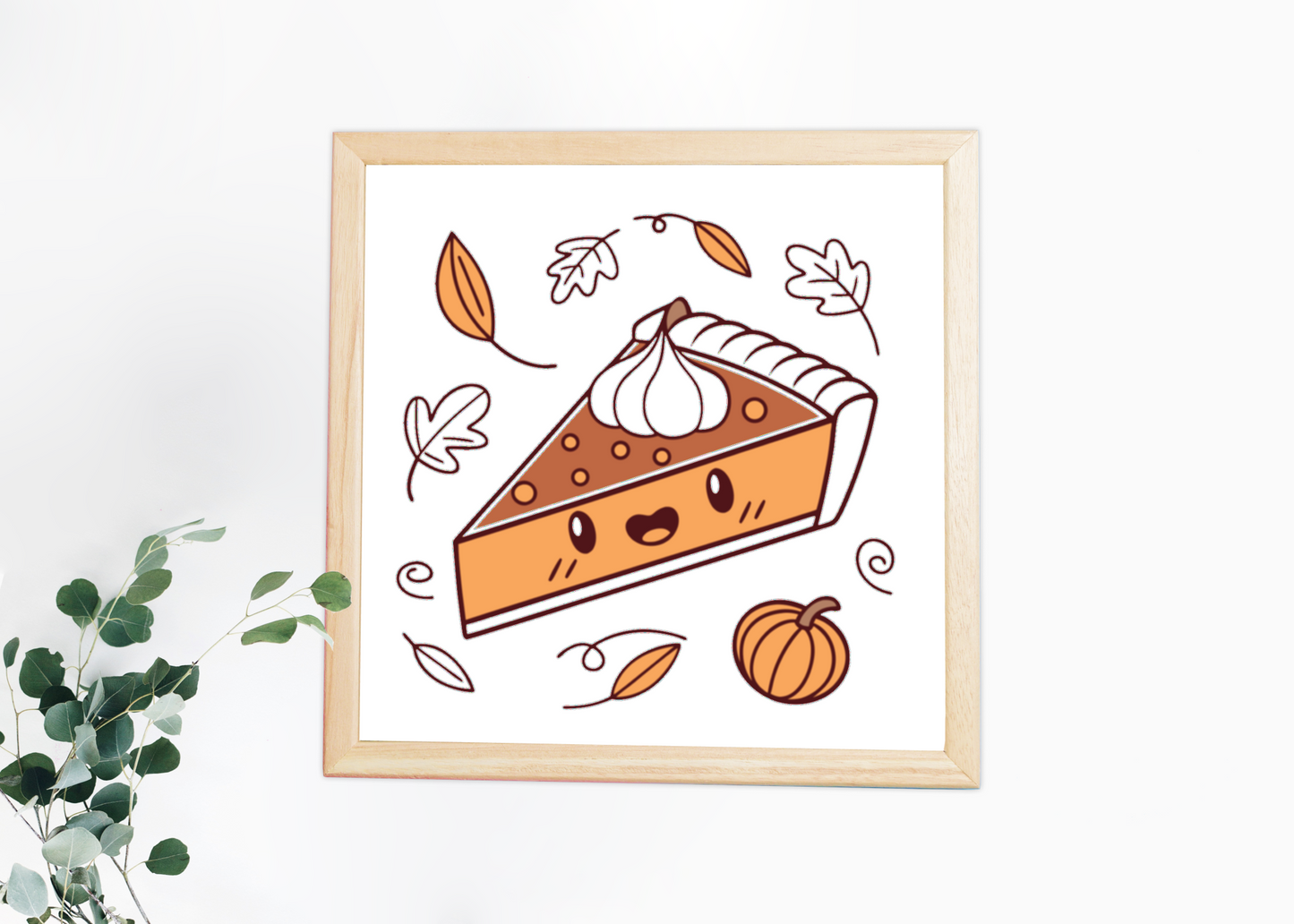 Cadre cosy avec une tarte souriante automnale illustrée de style kawaii