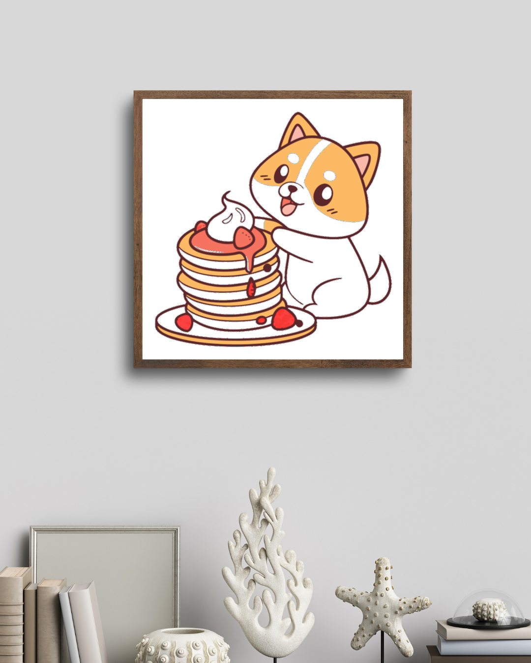 Cadre décoratif avec chien joyeux, crêpes et style kawaii coloré