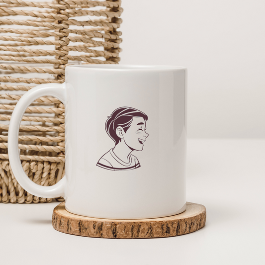 Mug avec motif enfantin d’un garçon riant en style monochrome SVG