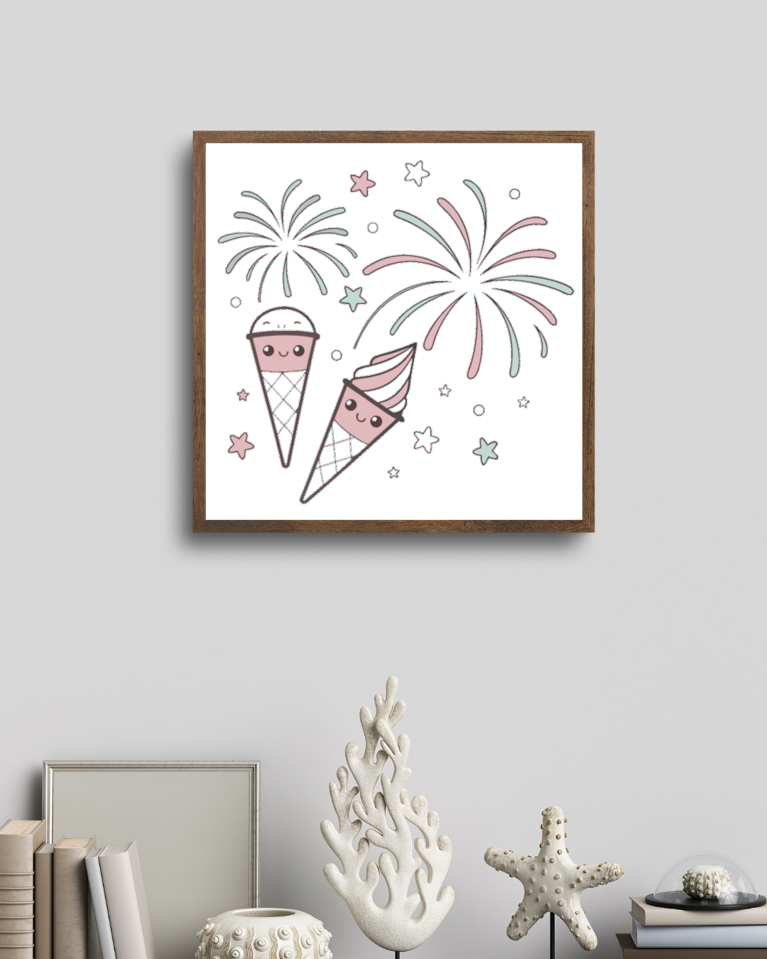 Cadre festif avec feu d'artifice kawaii, idéal pour décorations intérieures.