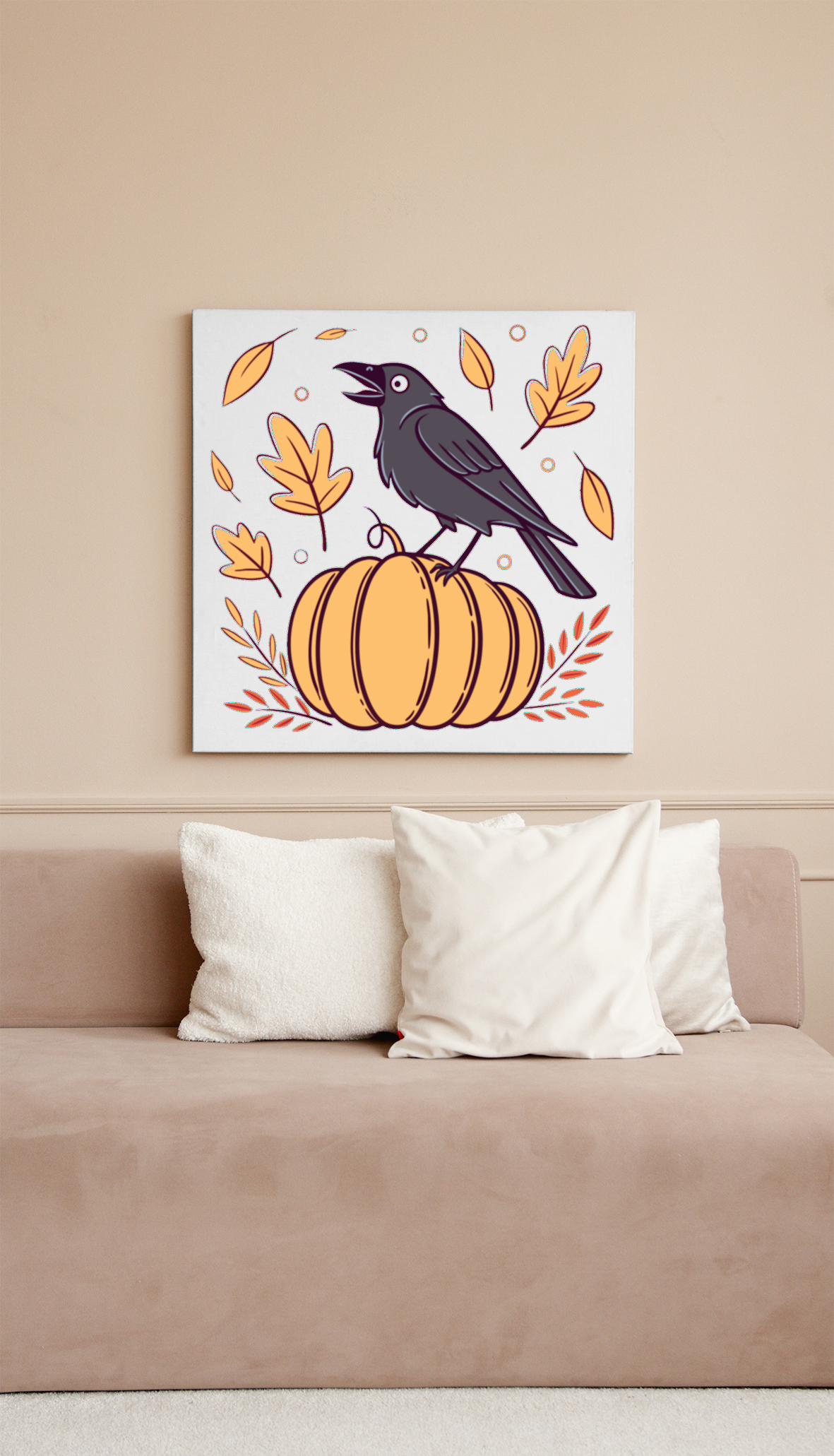 Cadre décoratif automne avec un corbeau chantant délicatement posé sur une citrouille