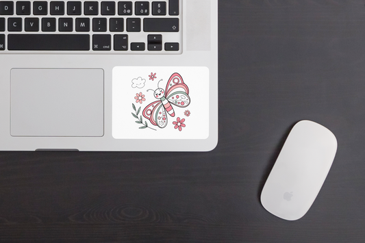 Sticker avec papillon rieur flottant en doodle pastel sur fond de jardin enchanteur