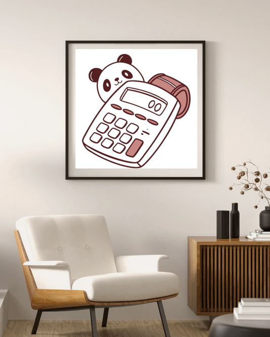 Cadre mural éducatif avec doodle de panda curieux et calculatrice dans un style ludique