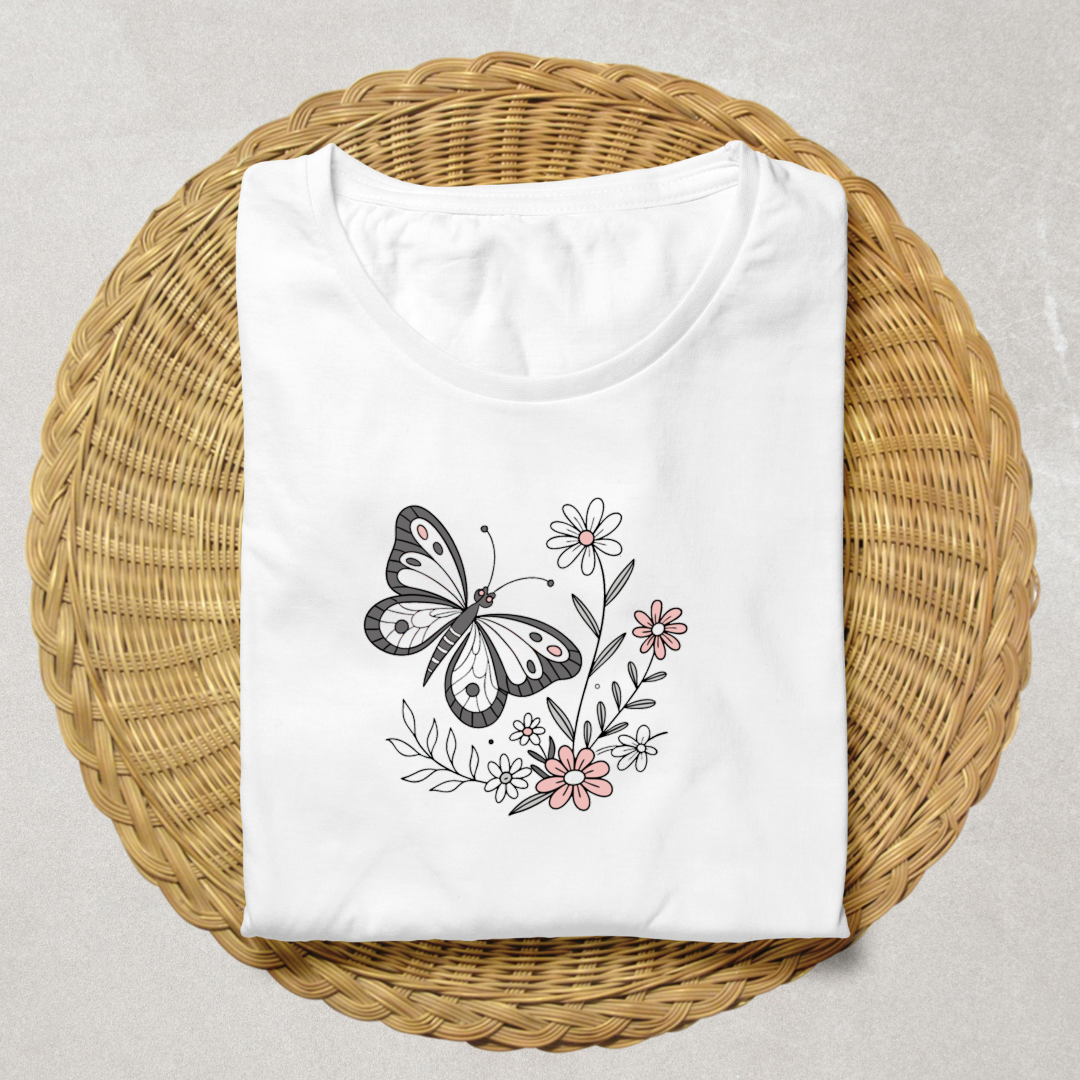 T-shirt avec papillon pastel sur fleurs printanières élégant et artistique