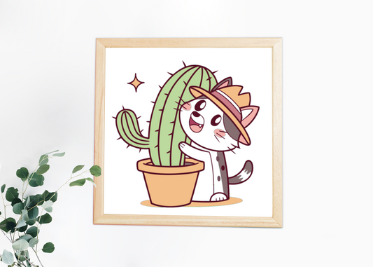 Cadre décoratif avec un chat kawaii câlinant un cactus dans un thème nature