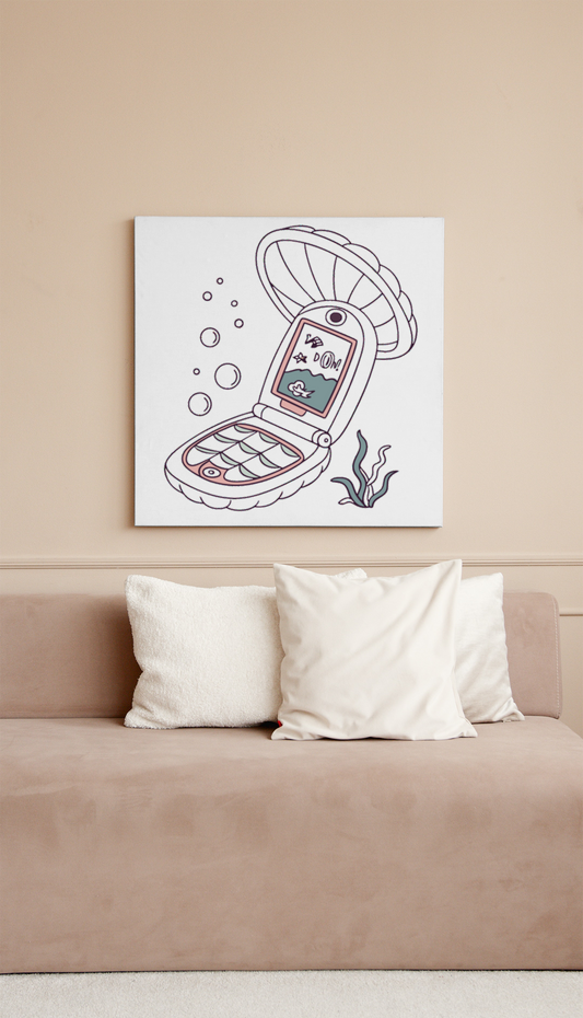 Cadre décoré d'un téléphone coquillage rétro sur fond bleu aquatique graphique