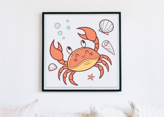 Cadre avec crabe joyeux en pastel flottant dans une ambiance océanique apaisante