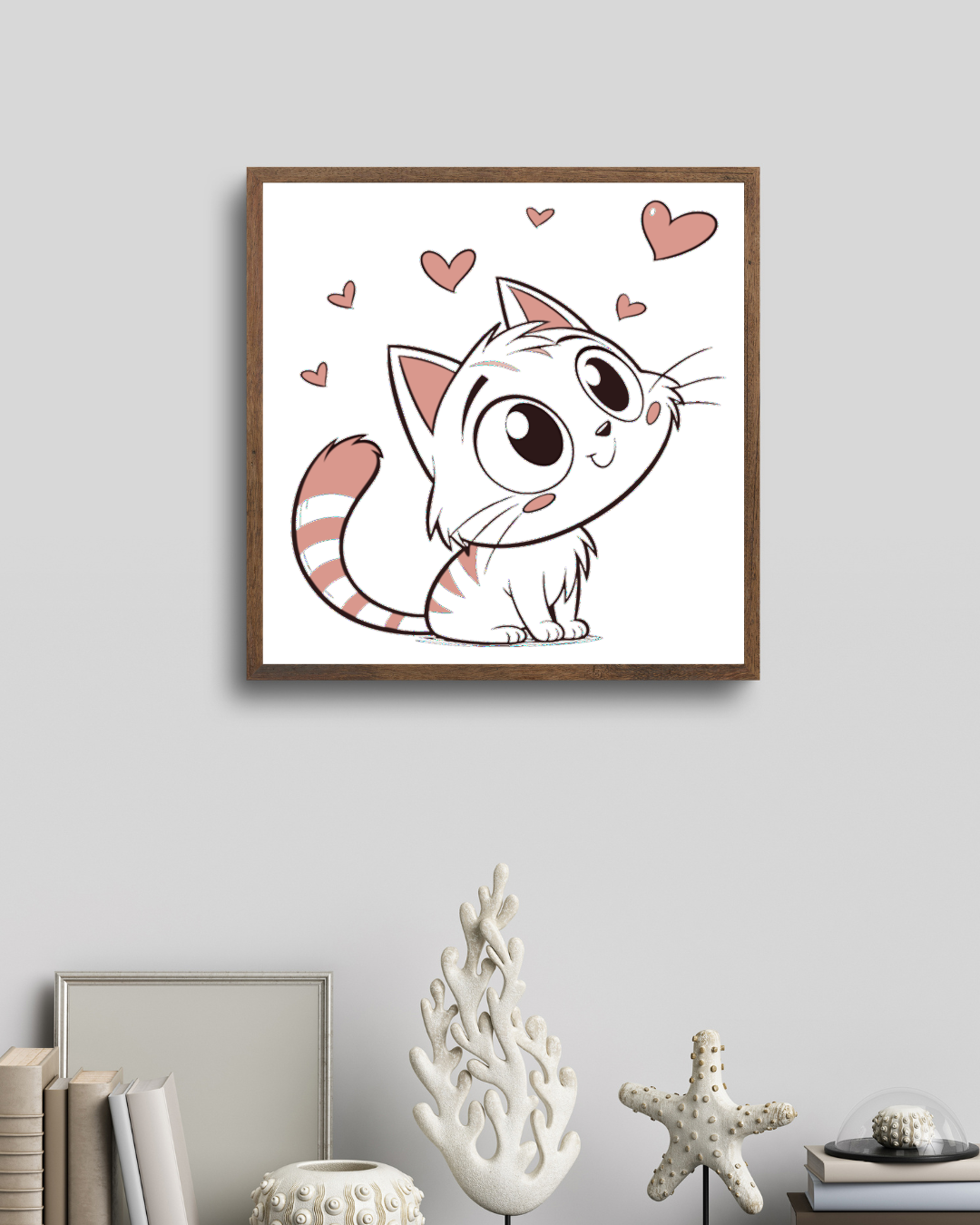 Cadre affichant un chaton curieux entouré de cœurs dans un style pastel charmant