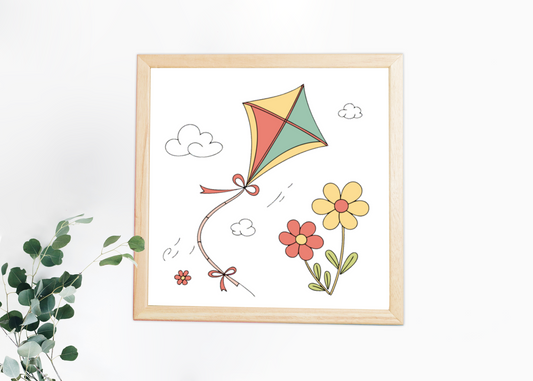 Cadre décoratif avec cerf-volant coloré flottant librement sur fond de printemps fleuri