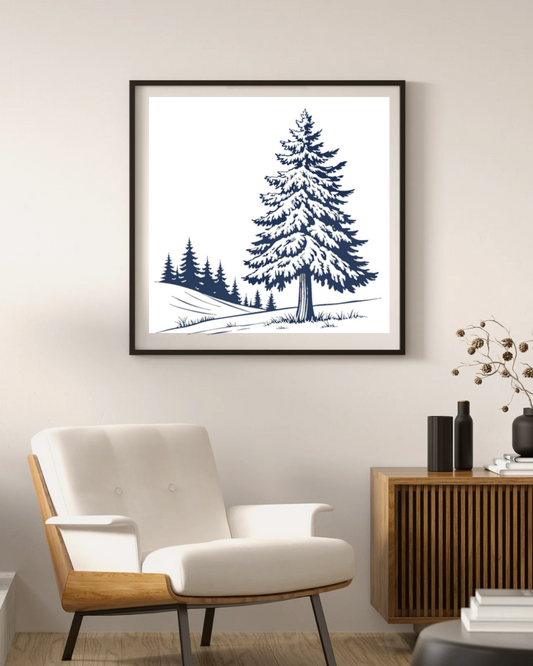 Cadre décoratif présentant un sapin enneigé dans un style hivernal magique