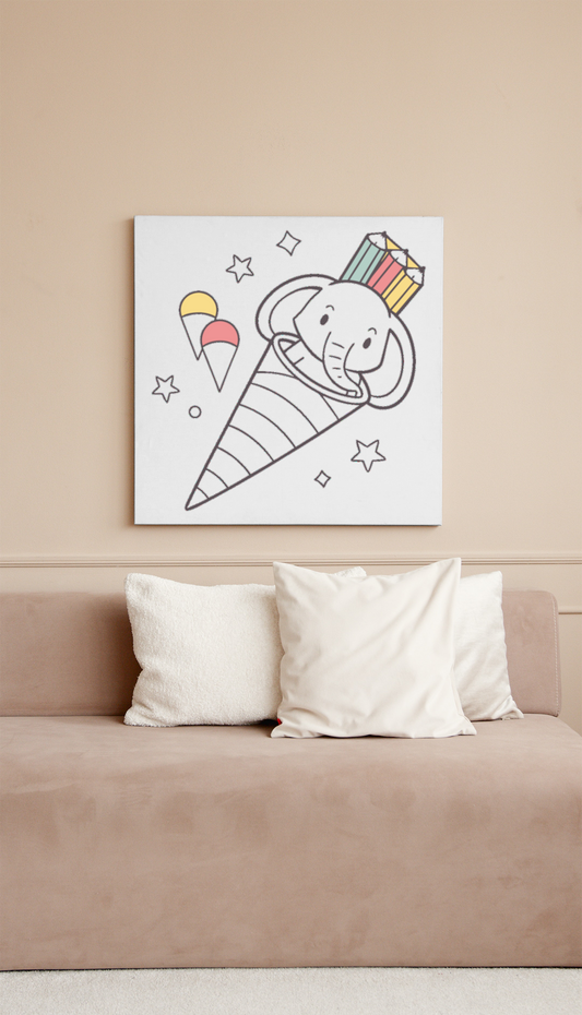 Cadre bois minimaliste avec éléphant joyeux dans cornet motif créatif lumineux