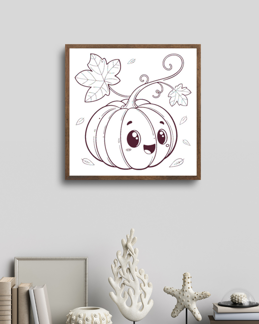 Cadre automnal avec citrouille souriante au style graphique ludique