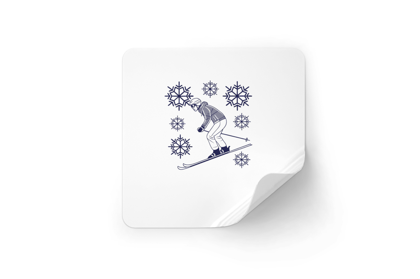 Sticker dynamique illustrant un skieur stylisé sur neige, ambiance hiver
