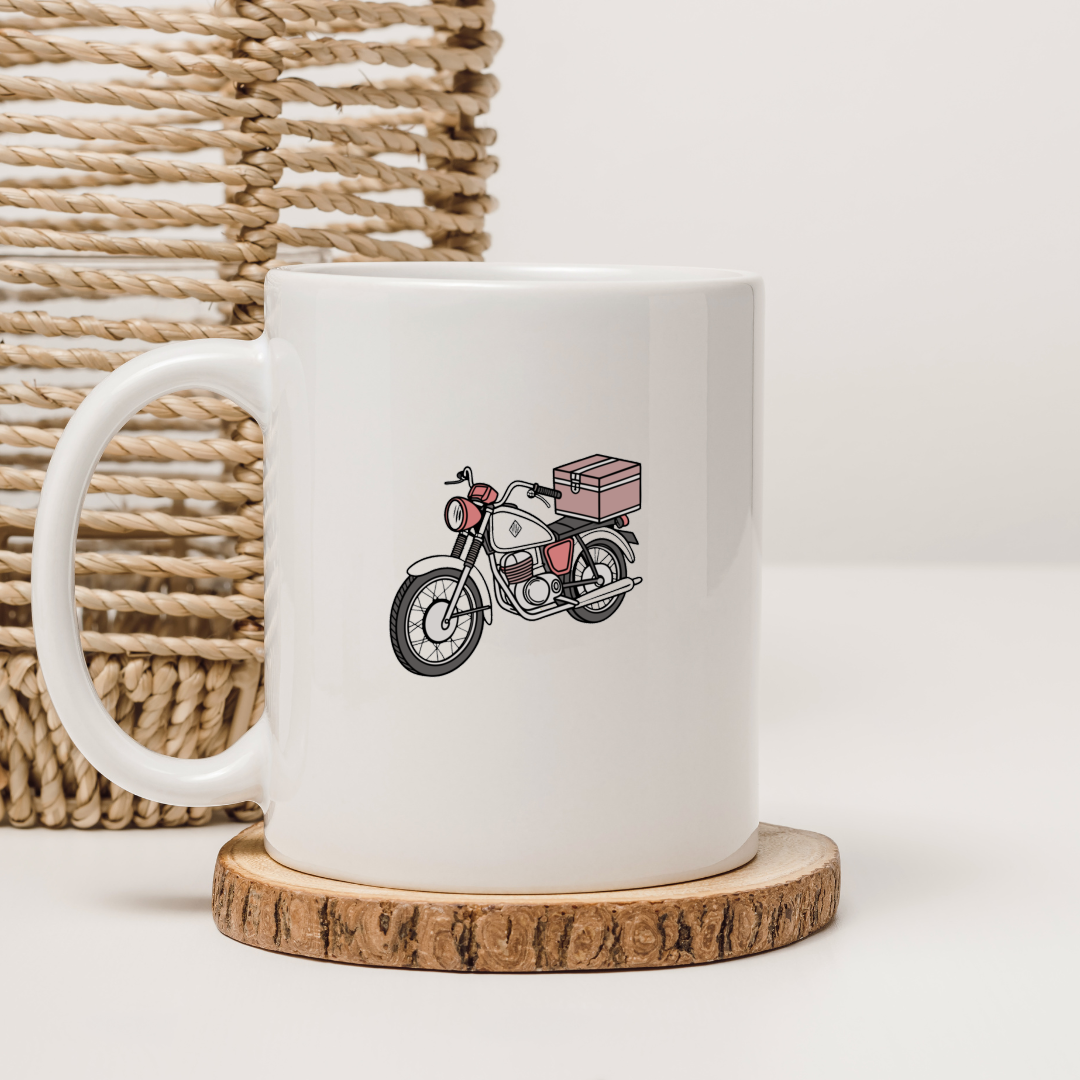 Motif de tasse avec moto vintage pour amateurs de rétro.