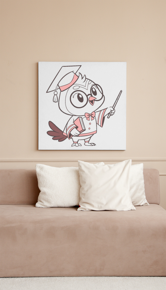 Cadre avec hibou cartoon tenant un livre idéal pour une décoration éducative