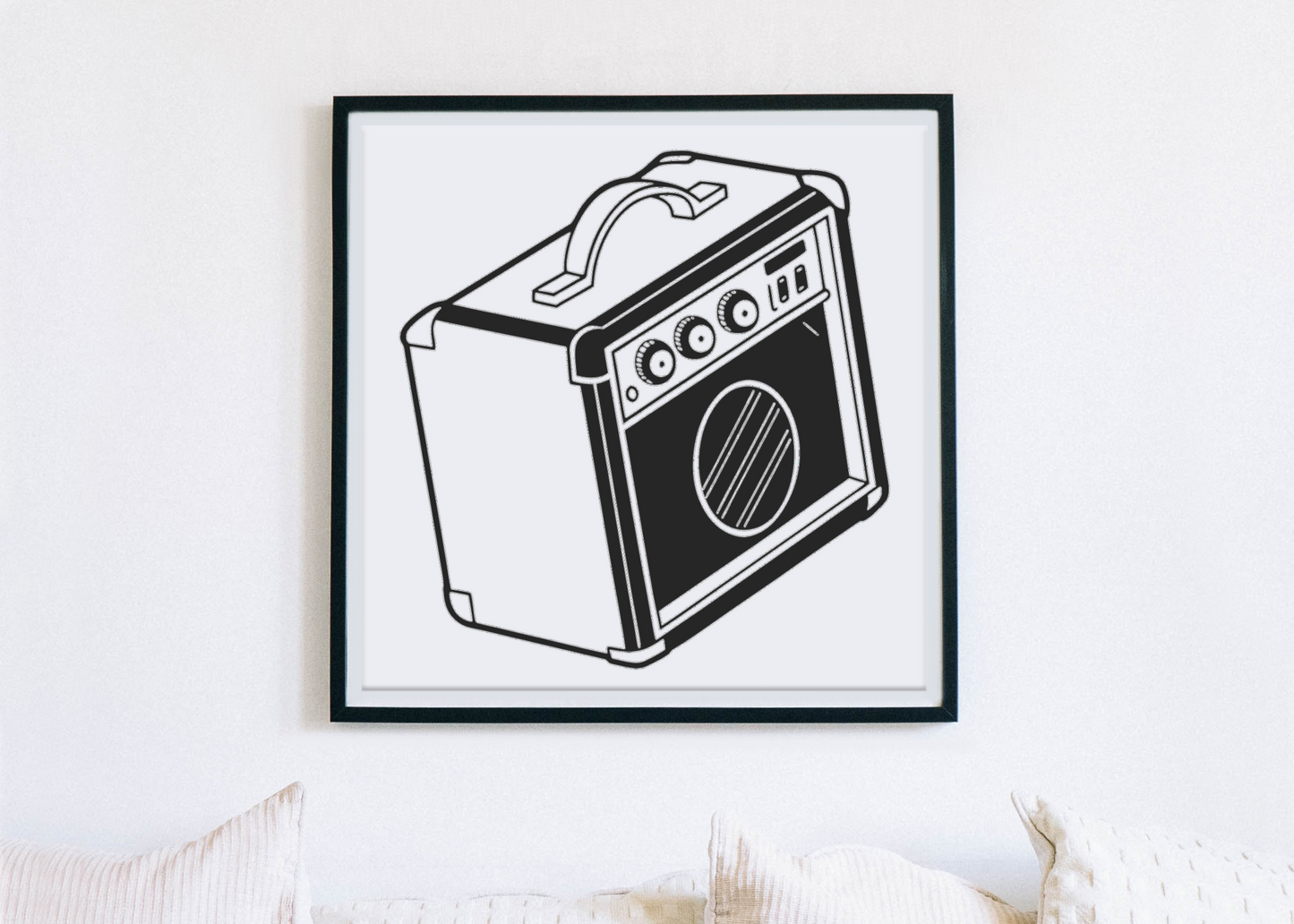 Cadre décoratif avec amplificateur vintage, ambiance rétro et musicale