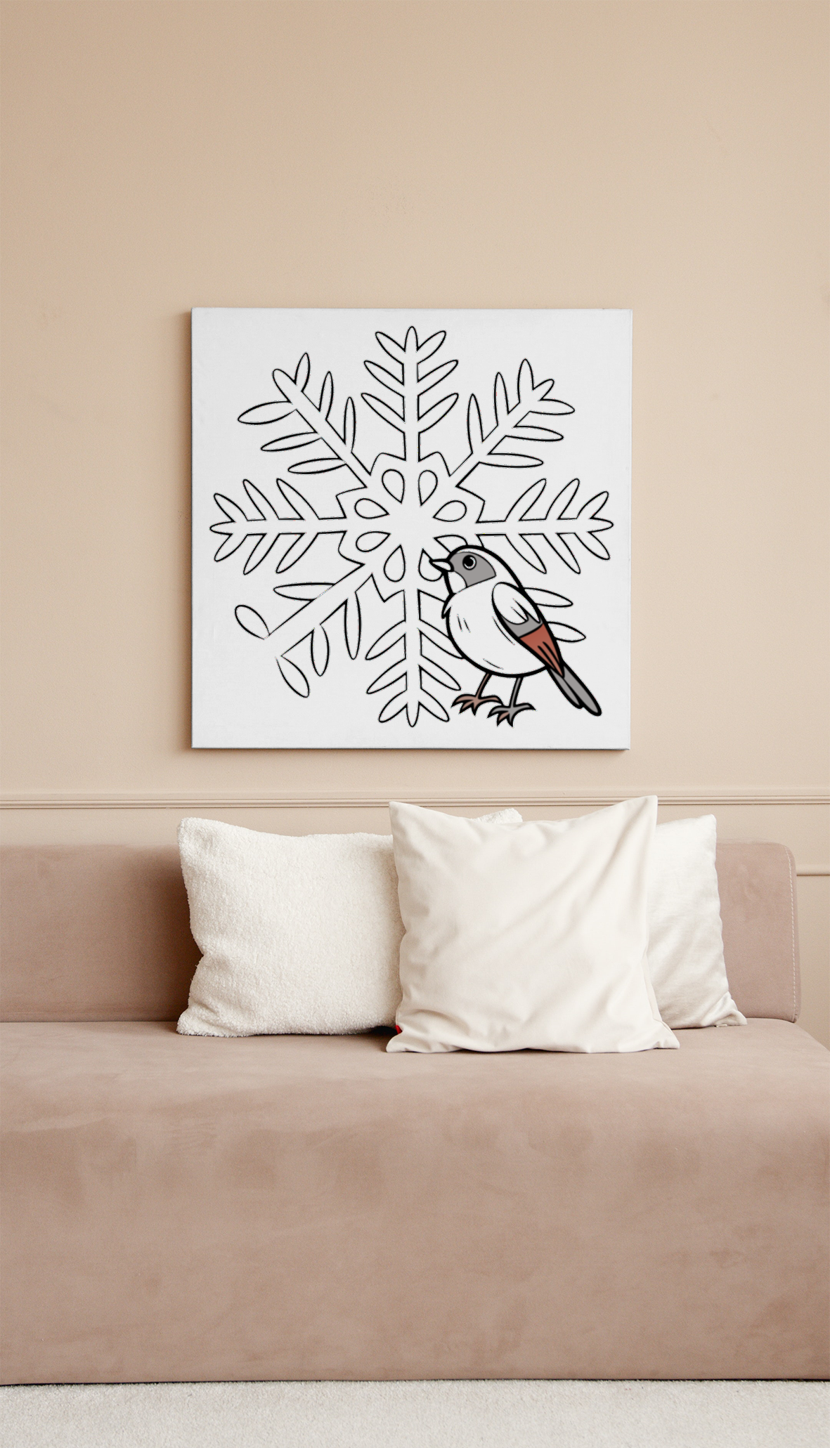 Cadre avec moineau curieux et flocon magique dans un style hivernal enchanteur