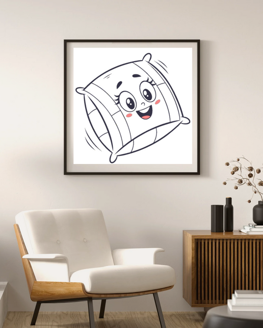 Illustration d'un oreiller kawaii encadré, idéale pour décoration intérieure.
