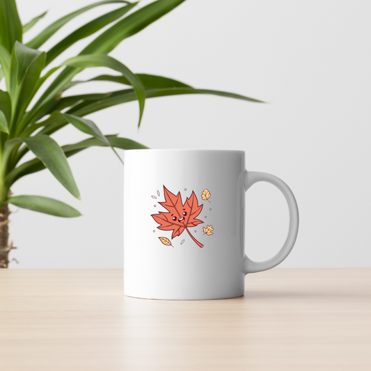 Mug avec une feuille colorée dansante évoquant la gaieté de l'automne