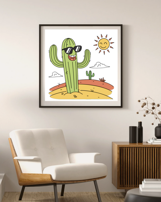 Cadre déco désert avec cactus cartoon portant des lunettes et affichant un sourire radieux