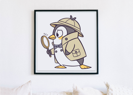 Cadre représentant un pingouin détective en quête dans un style doodle ludique