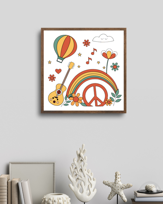 Affiche rétro colorée avec guitare et ballon. Art pour cadres.