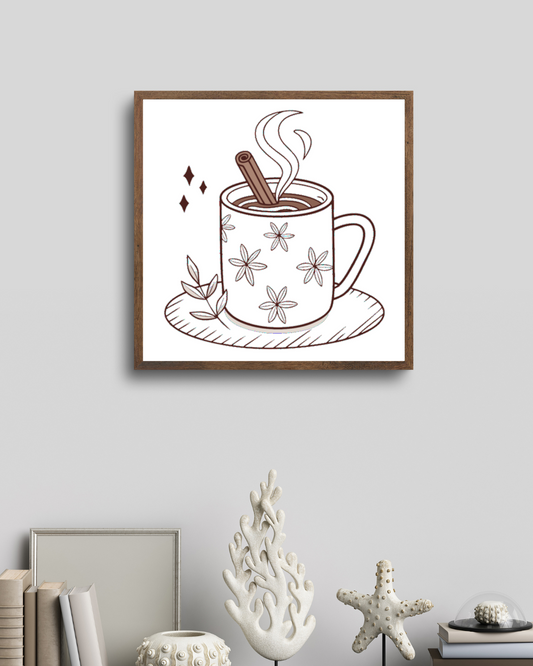 Cadre avec motif minimaliste de tasse de chocolat chaud créant une ambiance détente